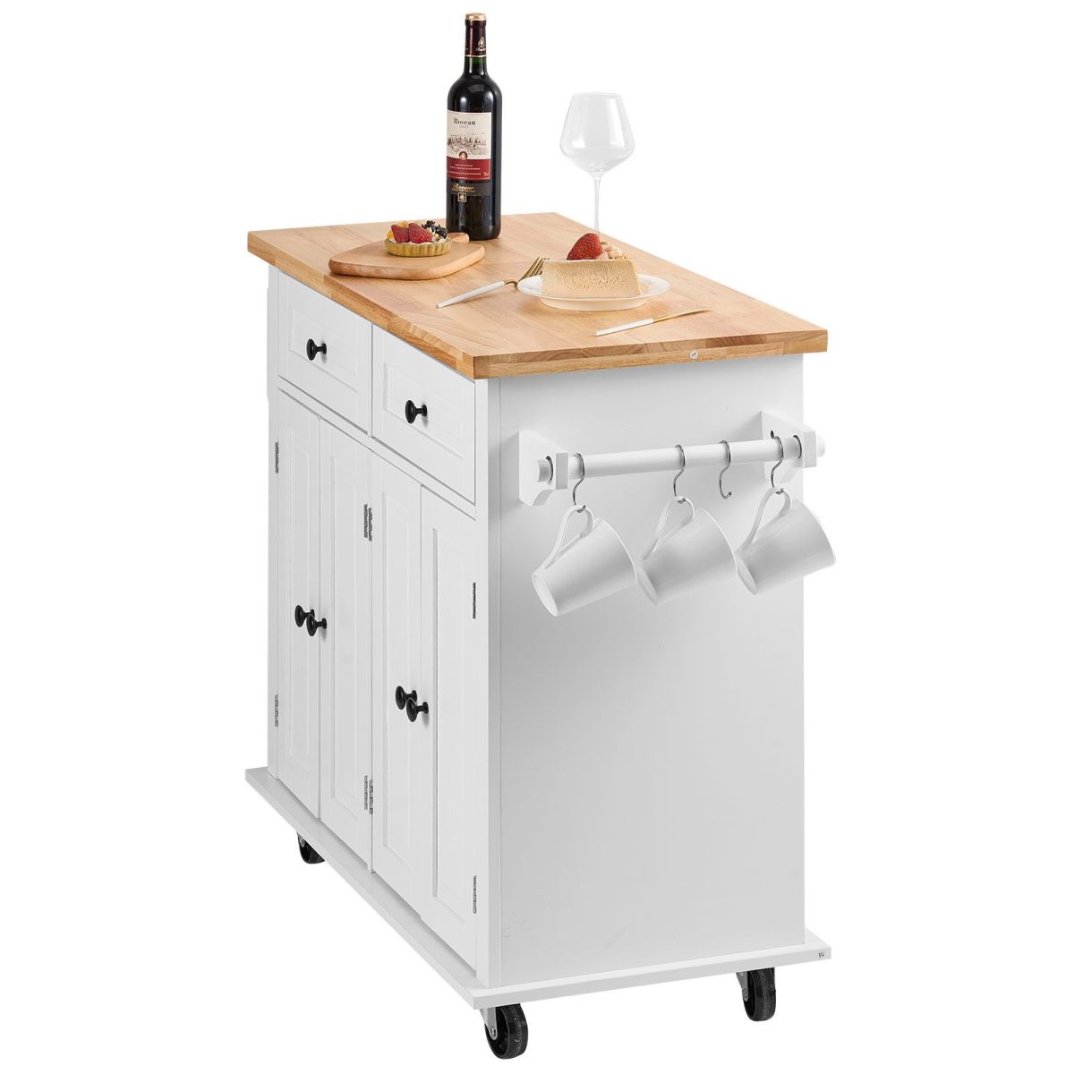 Kitchen Island Cart with Solid Wood Top, 35.4" Width Mobile Carts with Storage Cabinet, Rolling Kitchen Table with Spice Rack, Towel Rack, and Drawer, Portable Islands on Wheels, White - Image 10