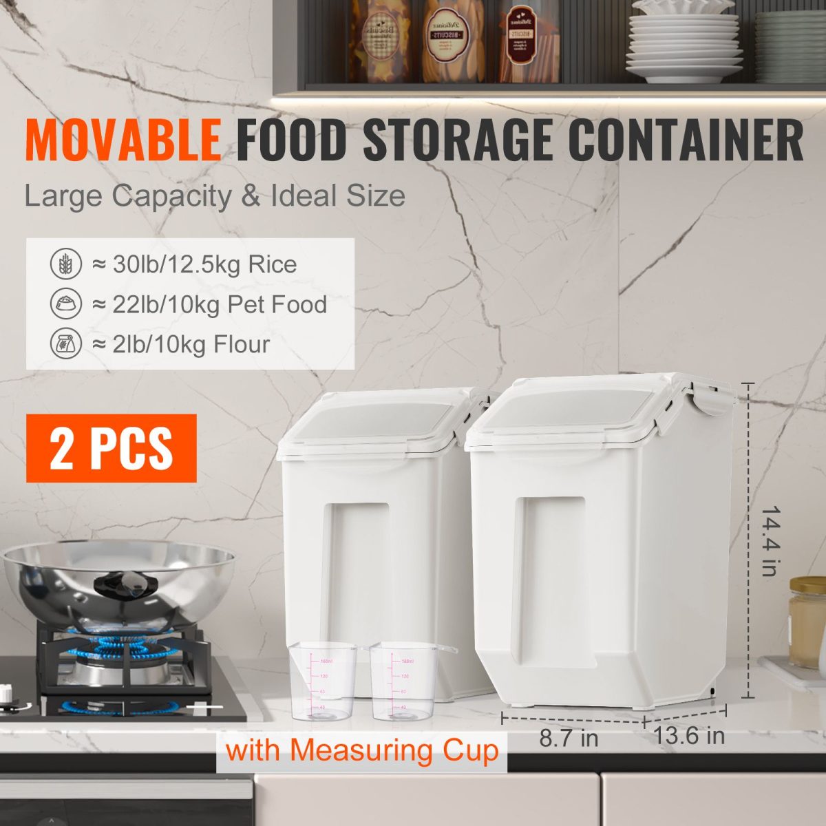 Ingredient Storage Bin, 2 x 15L Dispenser Bin with 2 Measuring Cups, Attachable Casters and Airtight Lid, 2 Pcs/Set Dog Pet Food Storage Container, PP Material Kitchen Rice Cereal Flour Bin - Image 6
