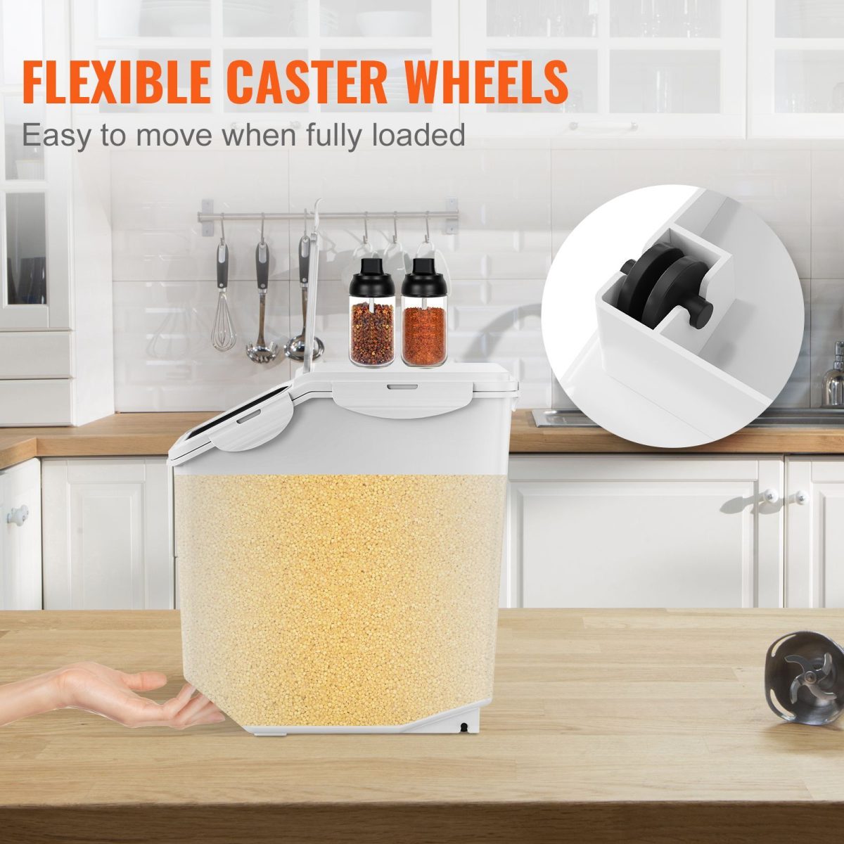 Ingredient Storage Bin, 2 x 15L Dispenser Bin with 2 Measuring Cups, Attachable Casters and Airtight Lid, 2 Pcs/Set Dog Pet Food Storage Container, PP Material Kitchen Rice Cereal Flour Bin - Image 7