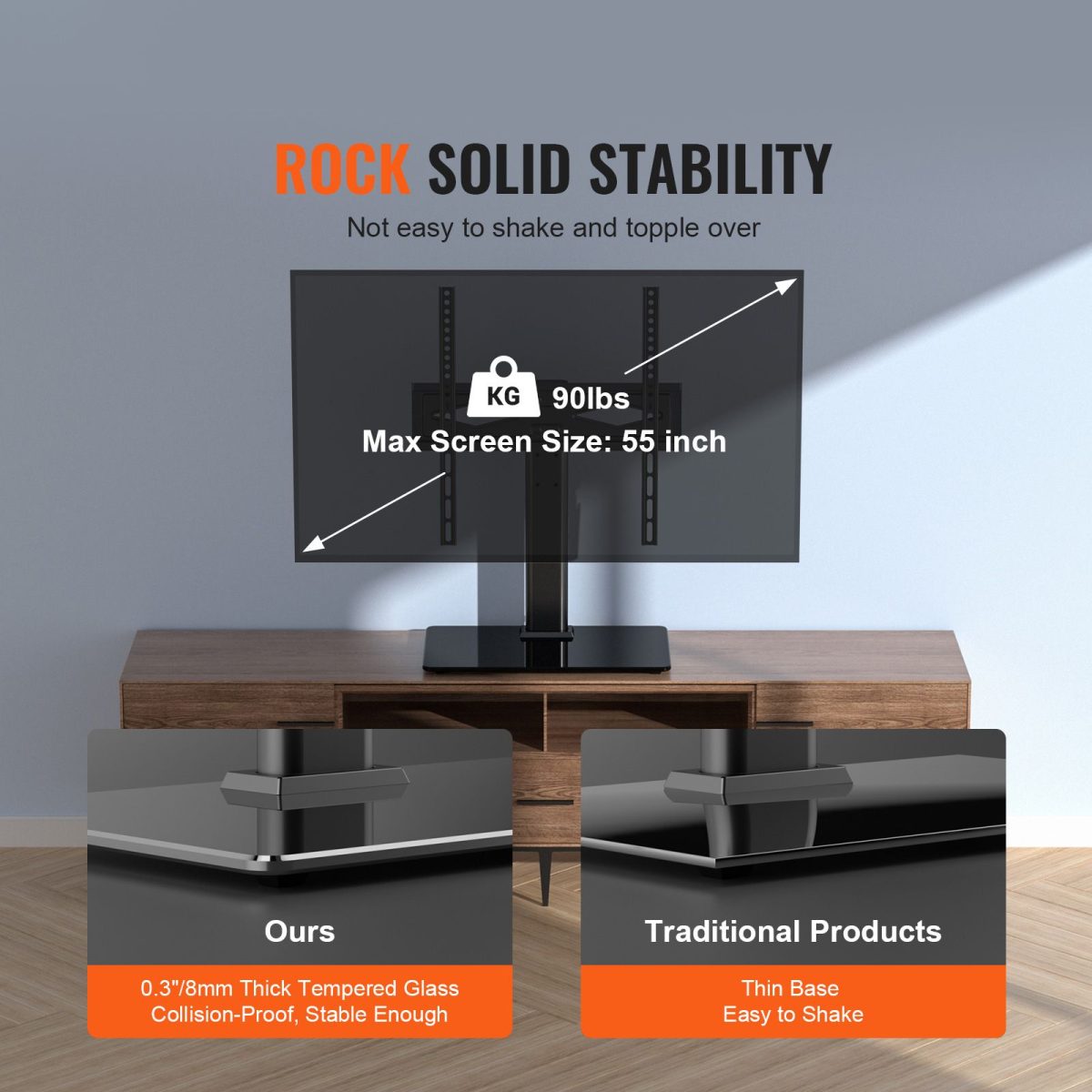 TV Stand Mount, Swivel Universal TV Stand for 32 to 55 inch TVs, Height Adjustable Portable Floor TV Stand with Tempered Glass Base for Bedroom, Living Room - Image 3