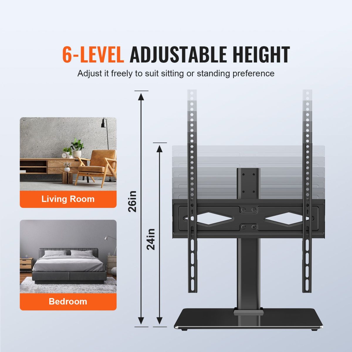 TV Stand Mount, Swivel Universal TV Stand for 32 to 55 inch TVs, Height Adjustable Portable Floor TV Stand with Tempered Glass Base for Bedroom, Living Room - Image 4