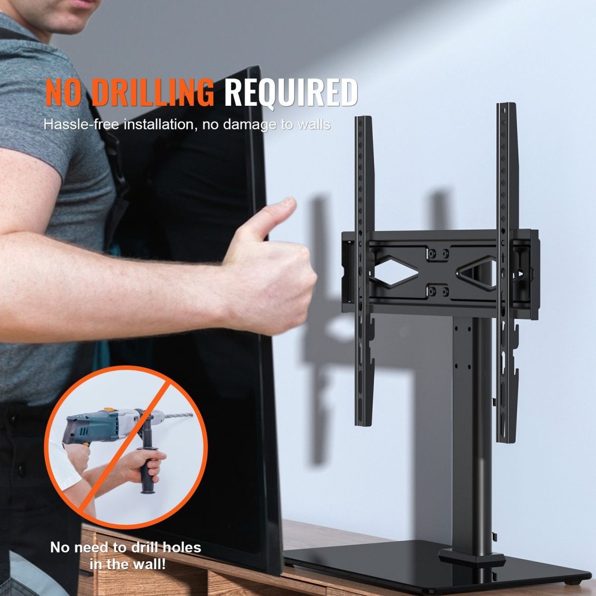 TV Stand Mount, Swivel Universal TV Stand for 32 to 55 inch TVs, Height Adjustable Portable Floor TV Stand with Tempered Glass Base for Bedroom, Living Room - Image 5