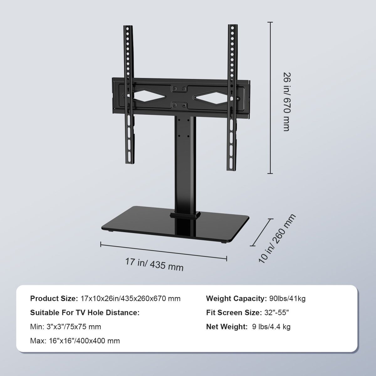 TV Stand Mount, Swivel Universal TV Stand for 32 to 55 inch TVs, Height Adjustable Portable Floor TV Stand with Tempered Glass Base for Bedroom, Living Room - Image 6