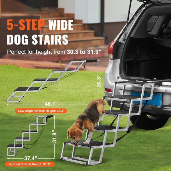 Dog Stair for Cars, Wide 5-step Dog Car Steps, Folding Dog Car Ramp with Nonslip Surface, Portable Pet Steps Lightweight Aluminum for Car, SUV and Truck, Supports up to 150 lbs