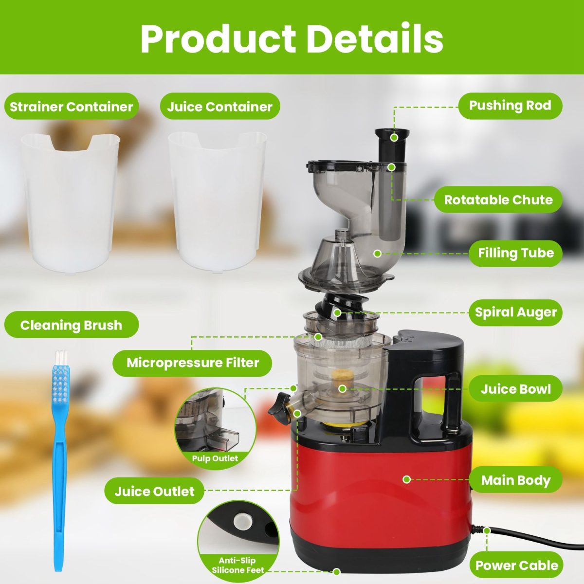 Cold Press Juicer Machine 300W Electric Slow Masticating Juicer for Whole Vegetable and Fruit with Reverse Function 2 Containers Cleaning Brush Clear Marks Easy Cleaning - Image 3