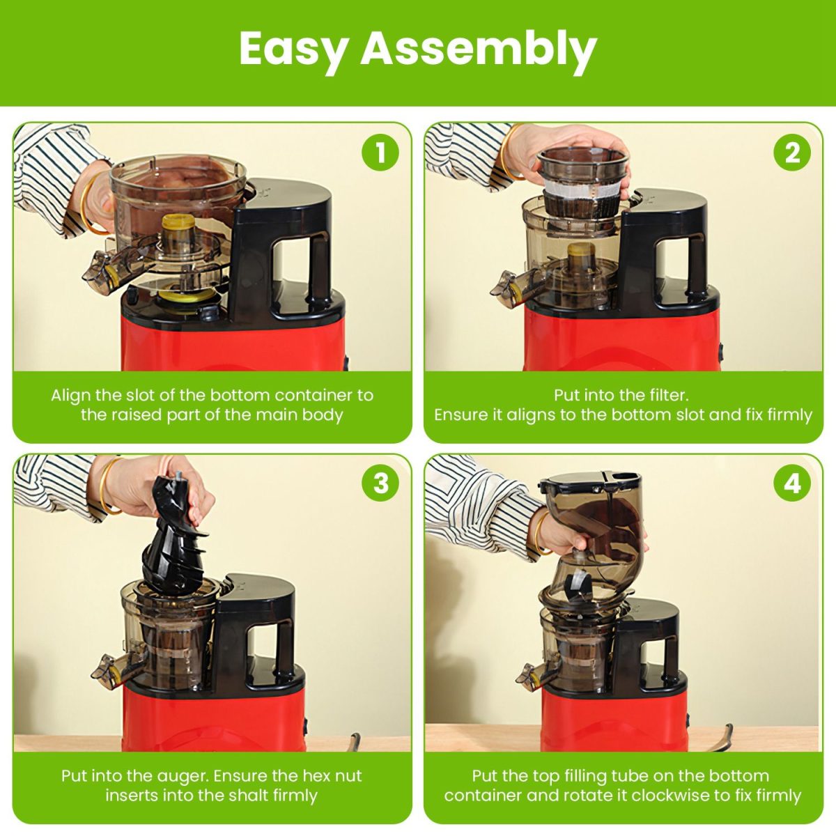 Cold Press Juicer Machine 300W Electric Slow Masticating Juicer for Whole Vegetable and Fruit with Reverse Function 2 Containers Cleaning Brush Clear Marks Easy Cleaning - Image 9