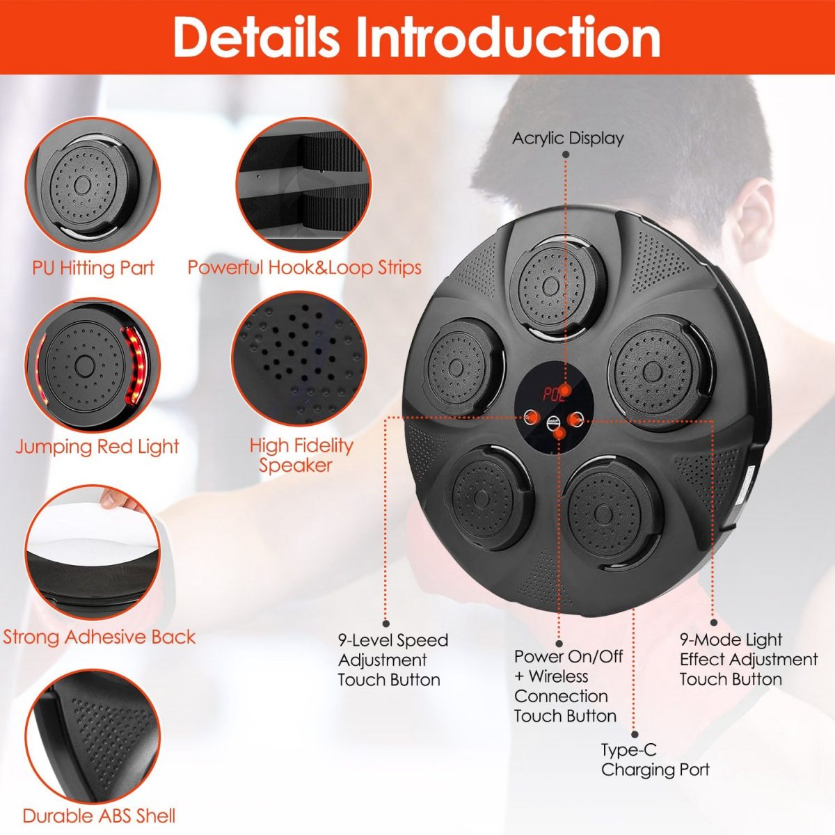 Music Boxing Machine Electronic Wall Target Punching Pad LED Lighted Sandbag Boxing Training Machine Exercise Equipment with Adult Boxing Gloves - Image 5