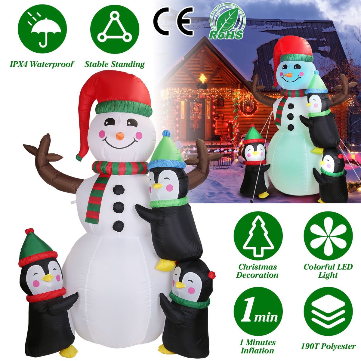 5.9FT Christmas Inflatable Decoration - Snowman & 3 Penguins with 5 LED Lights Includes Stakes/Ropes/Sandbags for Yard, Garden, Outdoor Indoor Decor - Image 2