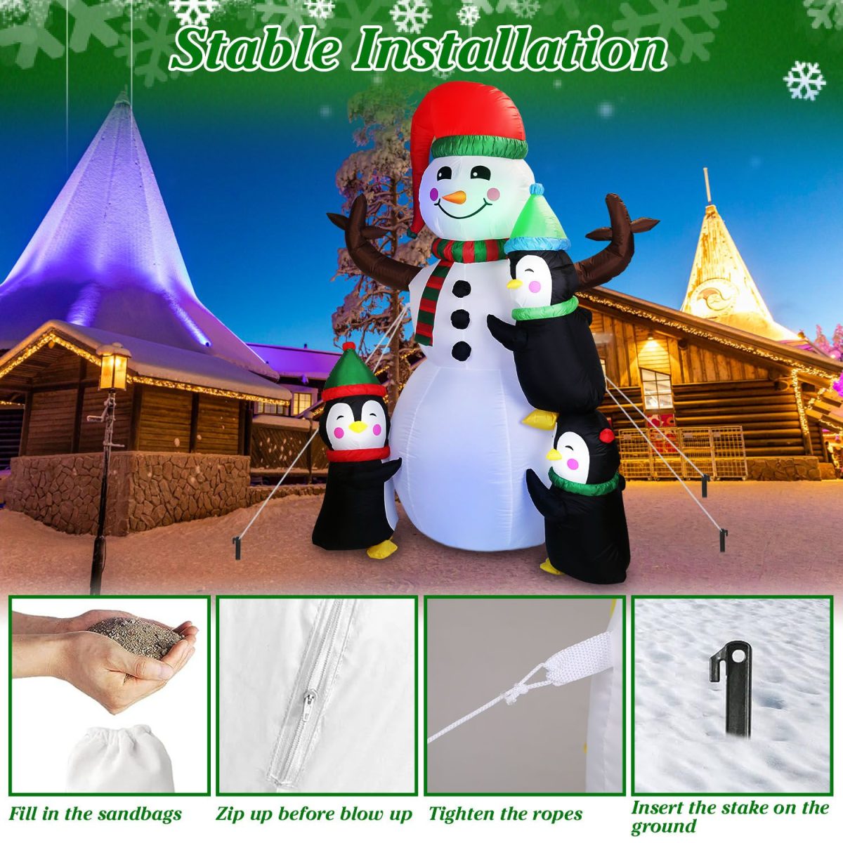 5.9FT Christmas Inflatable Decoration - Snowman & 3 Penguins with 5 LED Lights Includes Stakes/Ropes/Sandbags for Yard, Garden, Outdoor Indoor Decor - Image 3