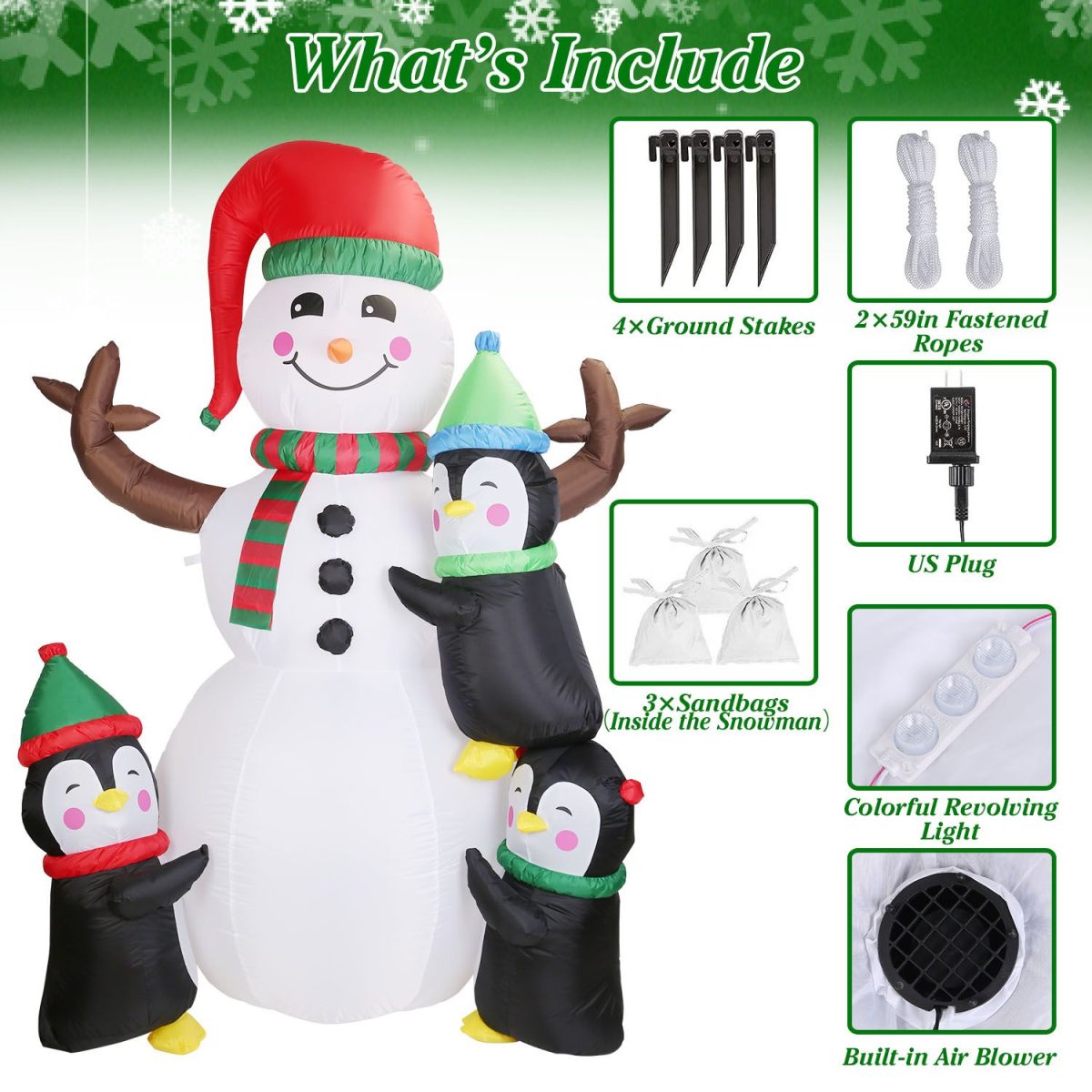5.9FT Christmas Inflatable Decoration - Snowman & 3 Penguins with 5 LED Lights Includes Stakes/Ropes/Sandbags for Yard, Garden, Outdoor Indoor Decor - Image 4