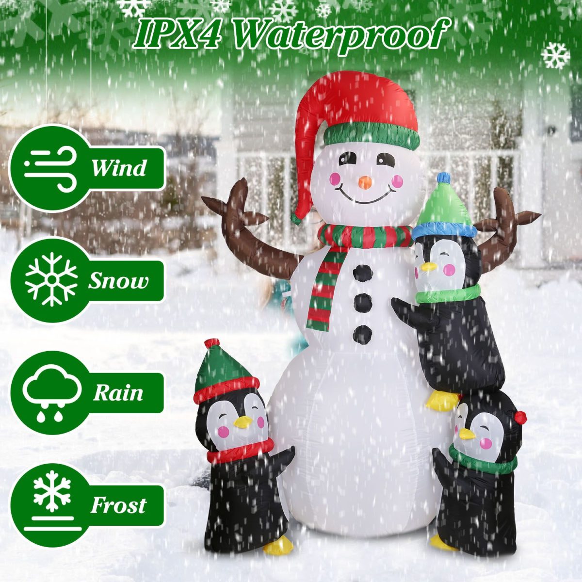 5.9FT Christmas Inflatable Decoration - Snowman & 3 Penguins with 5 LED Lights Includes Stakes/Ropes/Sandbags for Yard, Garden, Outdoor Indoor Decor - Image 6
