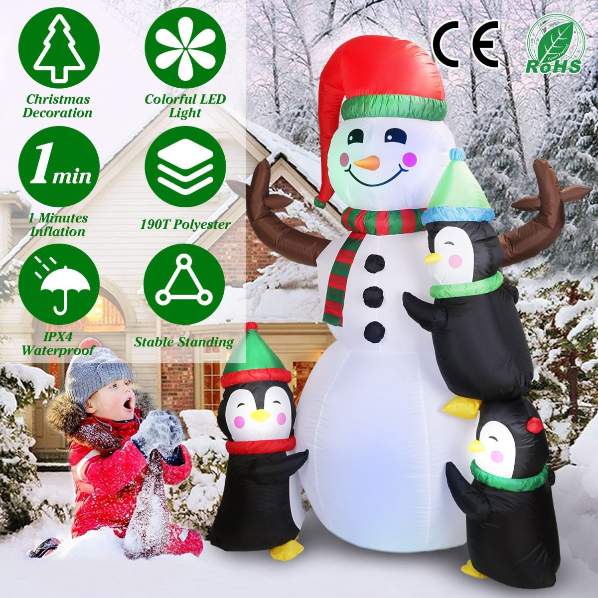 5.9FT Christmas Inflatable Decoration - Snowman & 3 Penguins with 5 LED Lights Includes Stakes/Ropes/Sandbags for Yard, Garden, Outdoor Indoor Decor - Image 7