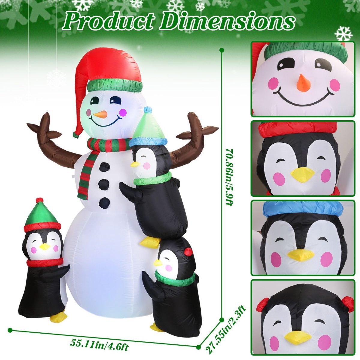 5.9FT Christmas Inflatable Decoration - Snowman & 3 Penguins with 5 LED Lights Includes Stakes/Ropes/Sandbags for Yard, Garden, Outdoor Indoor Decor - Image 8