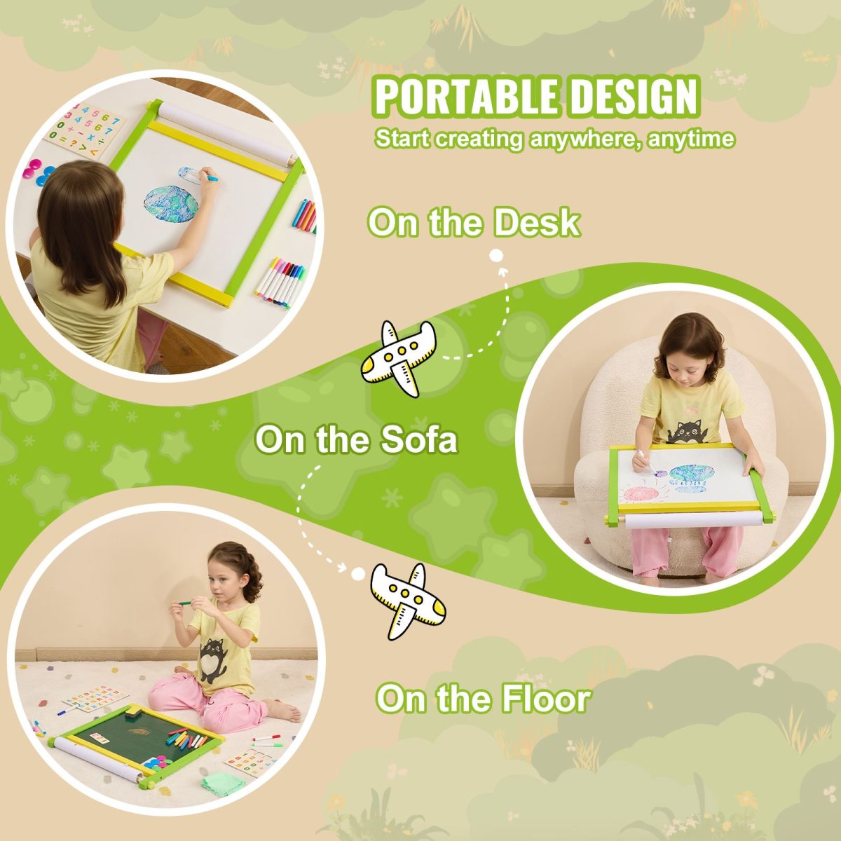 Tabletop Art Easel for Kids, 3-in-1 Wooden Double-Sided Kid's Art Easel with Magnetic Whiteboard, Chalkboard, Paper Roll, Foldable Portable Drawing Board with Painting Accessories for Boys Girls - Image 7