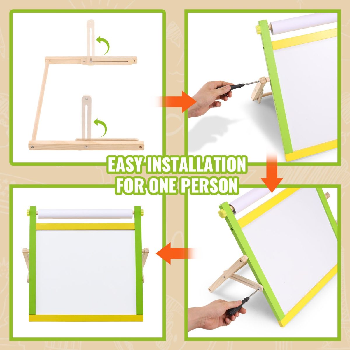 Tabletop Art Easel for Kids, 3-in-1 Wooden Double-Sided Kid's Art Easel with Magnetic Whiteboard, Chalkboard, Paper Roll, Foldable Portable Drawing Board with Painting Accessories for Boys Girls - Image 8