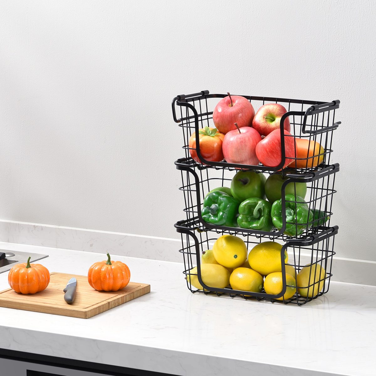 Oceanstar Stackable Metal Wire Storage Basket Set for Pantry, Countertop, Kitchen or Bathroom – Black, Set of 3 - Image 9
