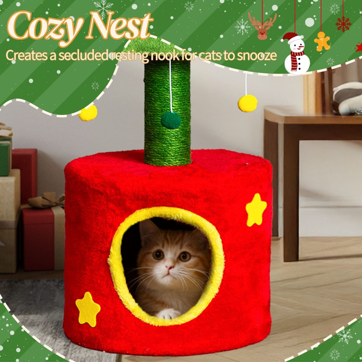 30in Cat Scratching Post with Cat House for Indoor Kitten, Small Cat Tree Tower with Sisal Post and Cute Hanging Balls, Red & Green - Image 2