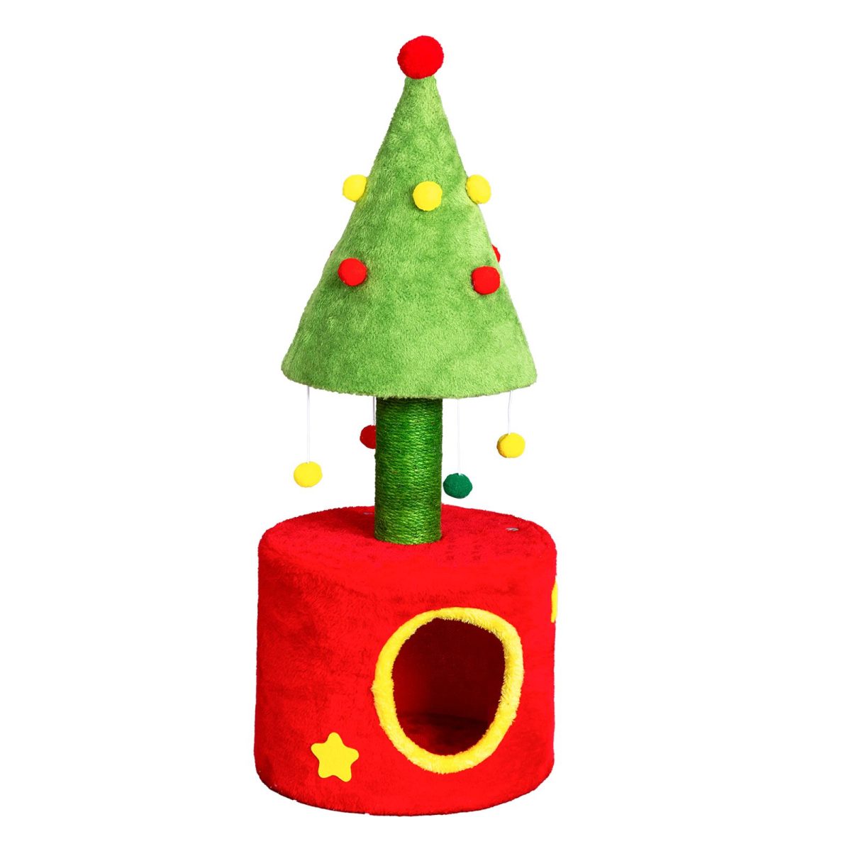 30in Cat Scratching Post with Cat House for Indoor Kitten, Small Cat Tree Tower with Sisal Post and Cute Hanging Balls, Red & Green - Image 9