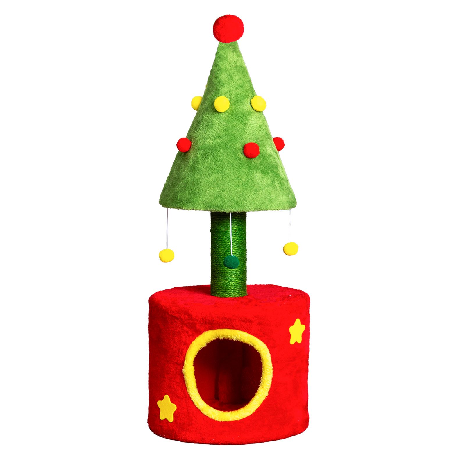 d0102x382ry.jpg 30in Cat Scratching Post with Cat House for Indoor Kitten, Small Cat Tree Tower with Sisal Post and Cute Hanging Balls, Red & Green - Image 1