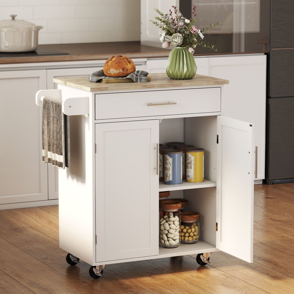 Kitchen Island Cart Rolling Trolley Cart with Drawer, Storage Cabinet & Towel Rack, White - Image 2