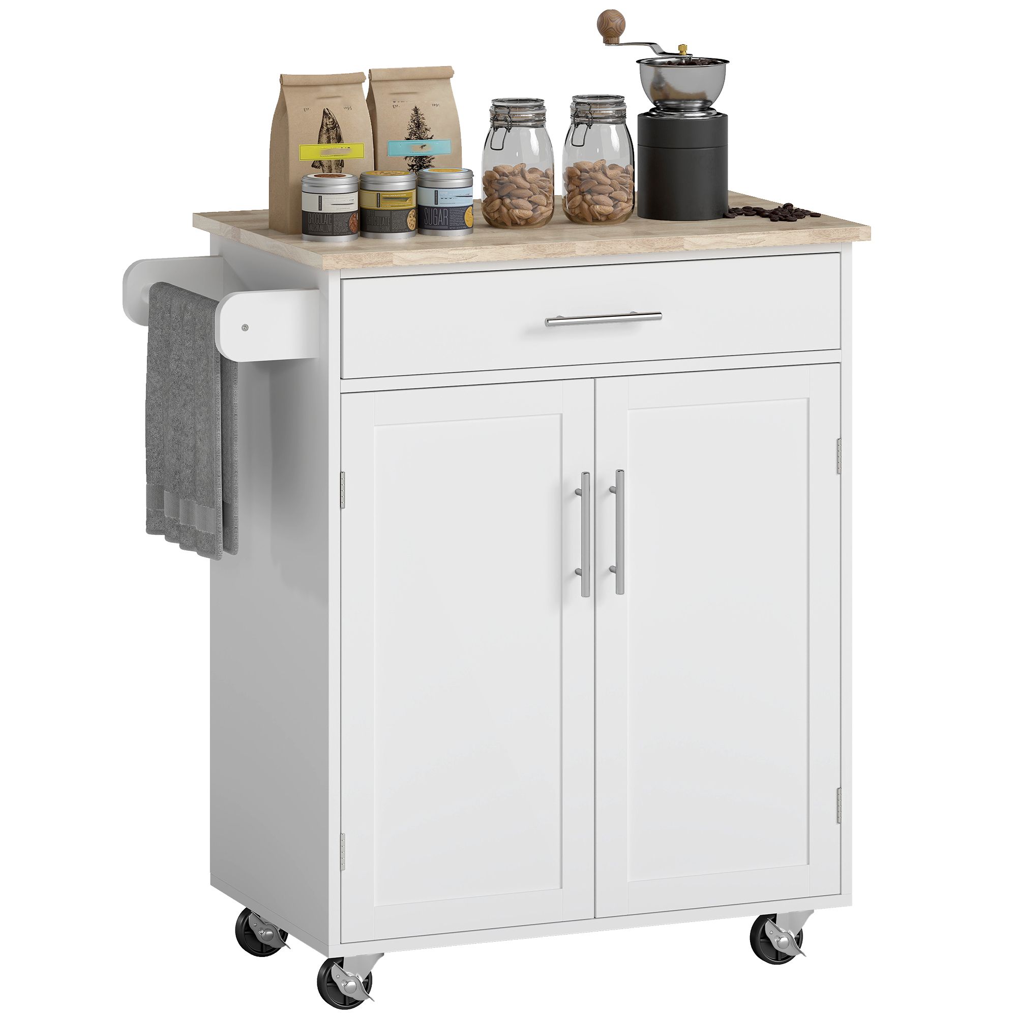 d0102x384ng.jpg Kitchen Island Cart Rolling Trolley Cart with Drawer, Storage Cabinet & Towel Rack, White - Image 1