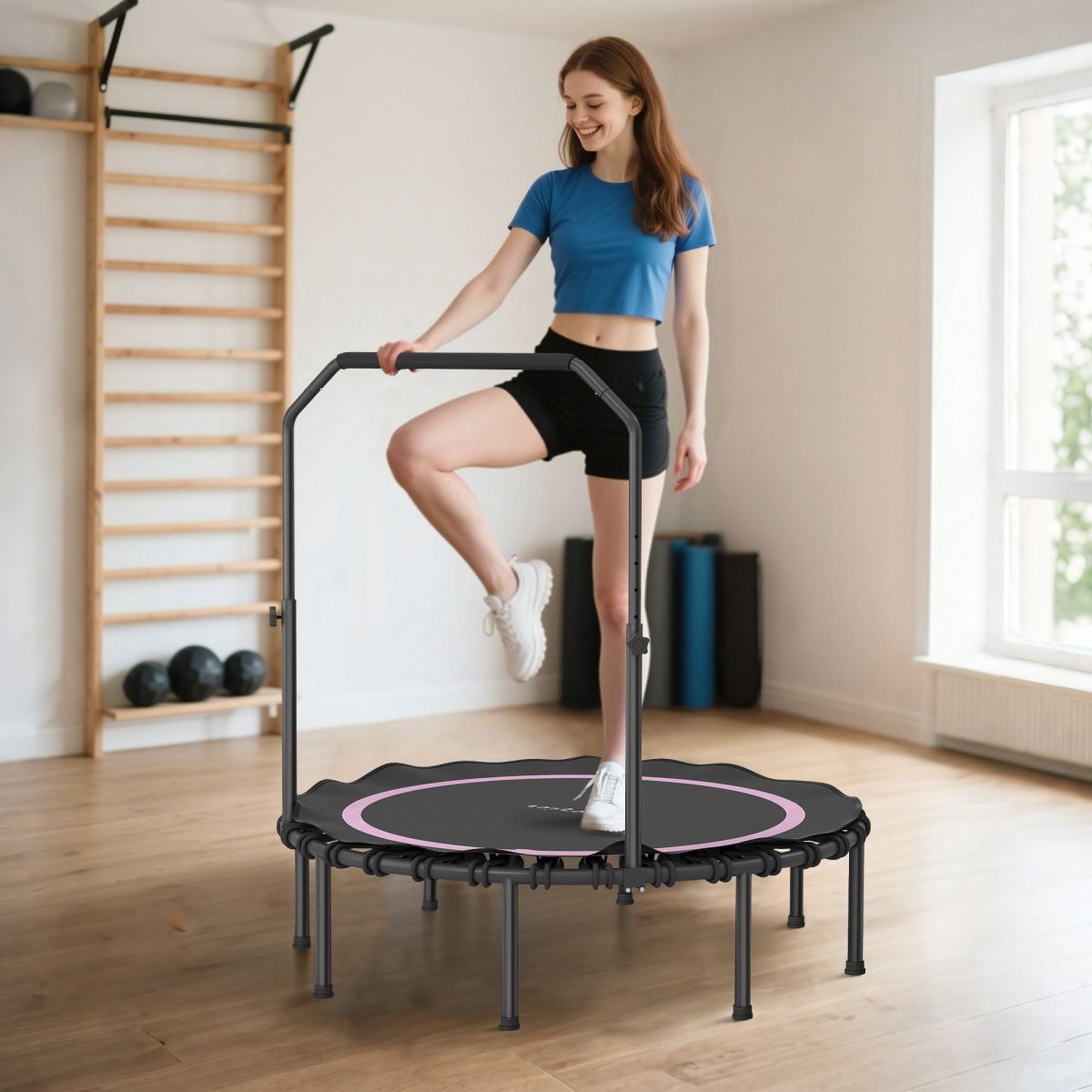 48" Rebounder Trampoline for Adults, Foldable Mini Trampoline with Adjustable Handle Bar for Indoor Outdoor, Pink - Image 2