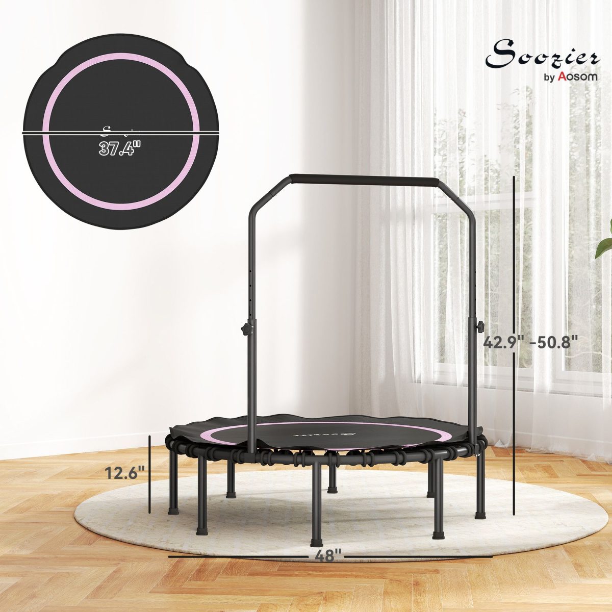 48" Rebounder Trampoline for Adults, Foldable Mini Trampoline with Adjustable Handle Bar for Indoor Outdoor, Pink - Image 3