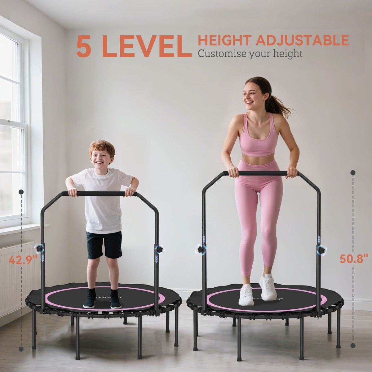 48" Rebounder Trampoline for Adults, Foldable Mini Trampoline with Adjustable Handle Bar for Indoor Outdoor, Pink - Image 4