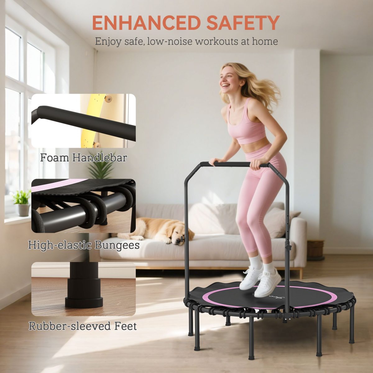 48" Rebounder Trampoline for Adults, Foldable Mini Trampoline with Adjustable Handle Bar for Indoor Outdoor, Pink - Image 6