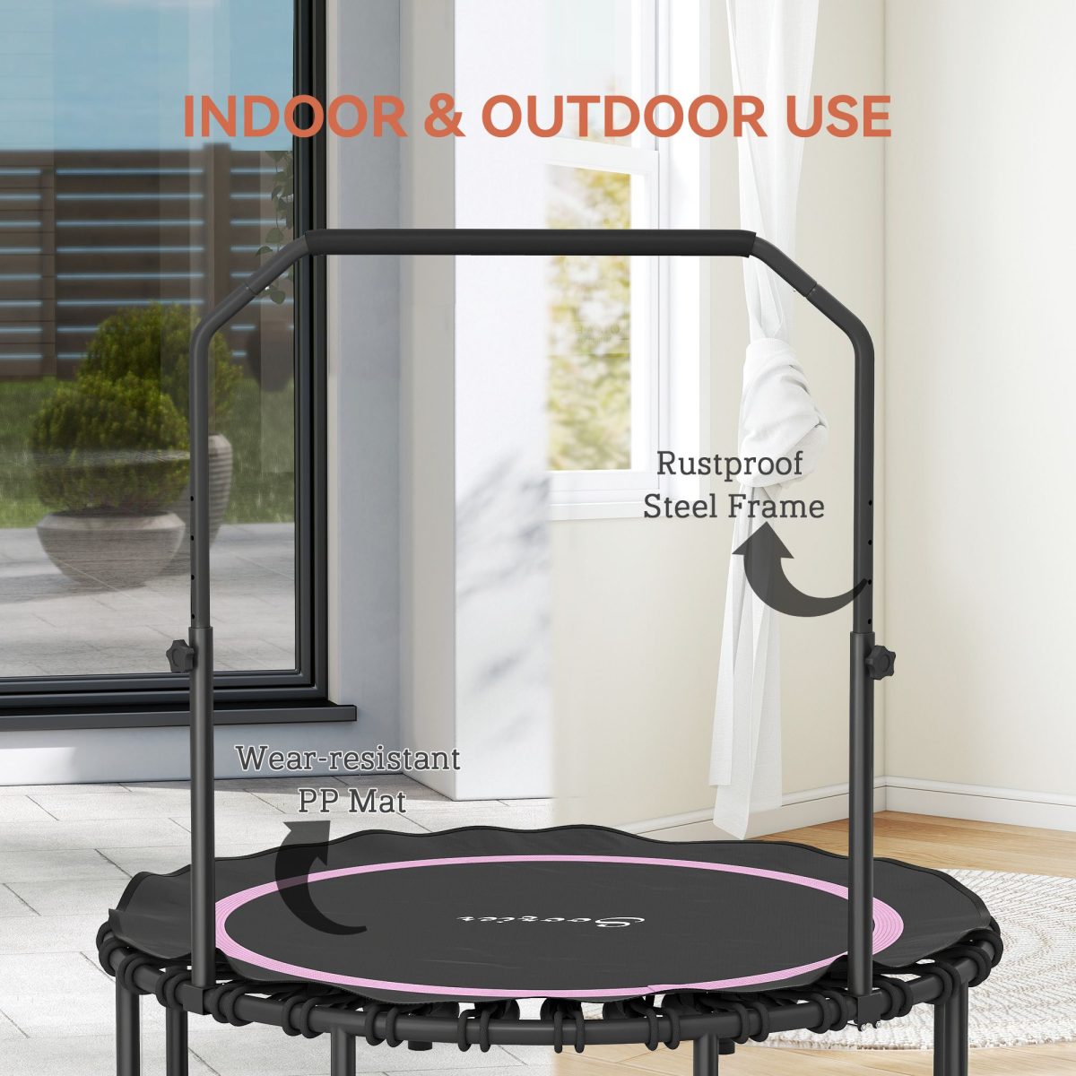 48" Rebounder Trampoline for Adults, Foldable Mini Trampoline with Adjustable Handle Bar for Indoor Outdoor, Pink - Image 7
