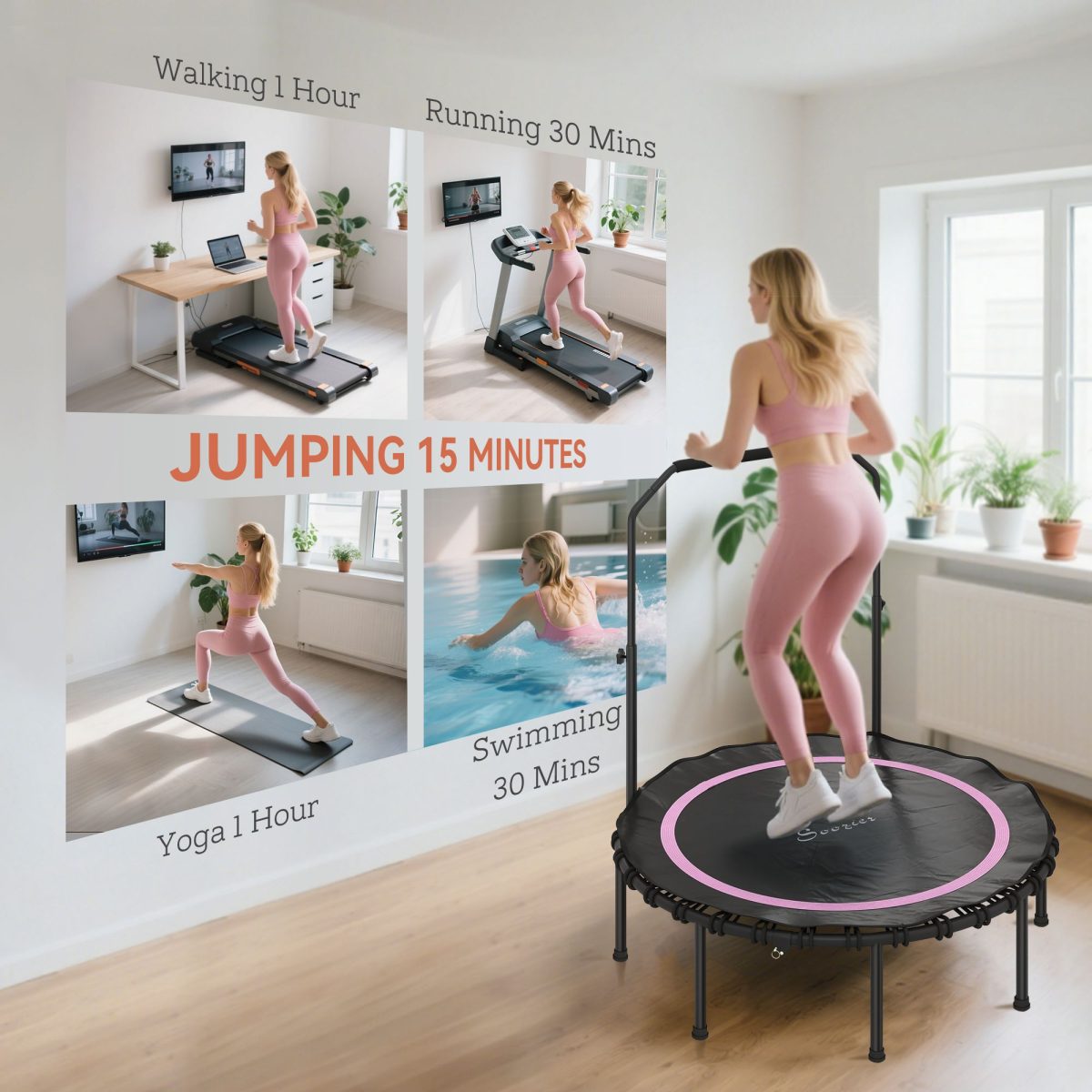 48" Rebounder Trampoline for Adults, Foldable Mini Trampoline with Adjustable Handle Bar for Indoor Outdoor, Pink - Image 8
