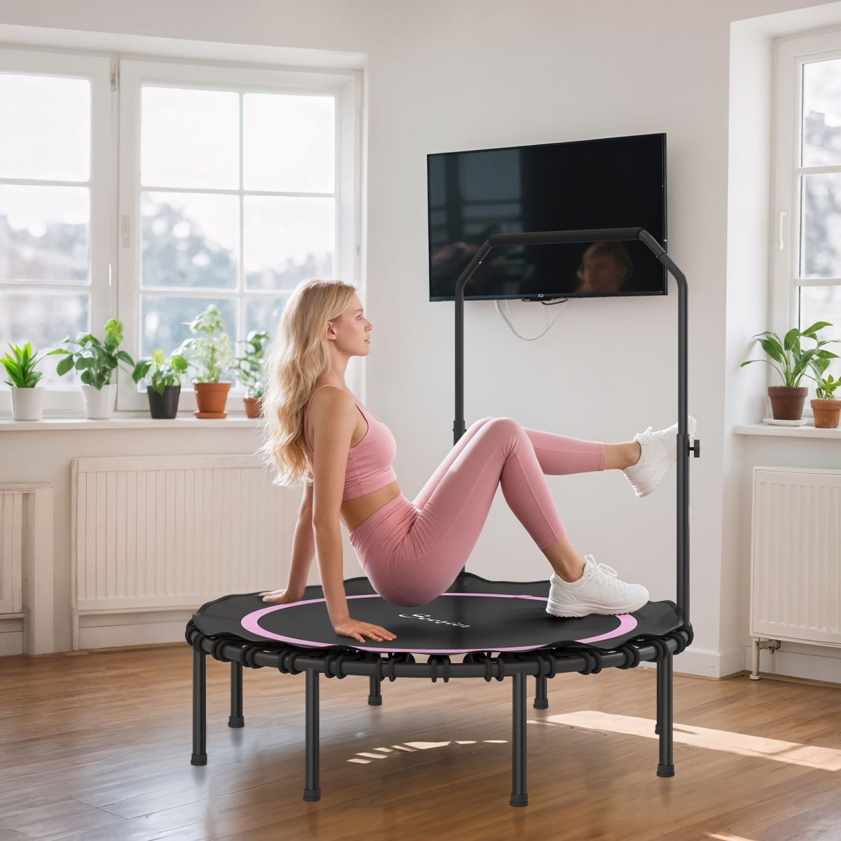 48" Rebounder Trampoline for Adults, Foldable Mini Trampoline with Adjustable Handle Bar for Indoor Outdoor, Pink - Image 9