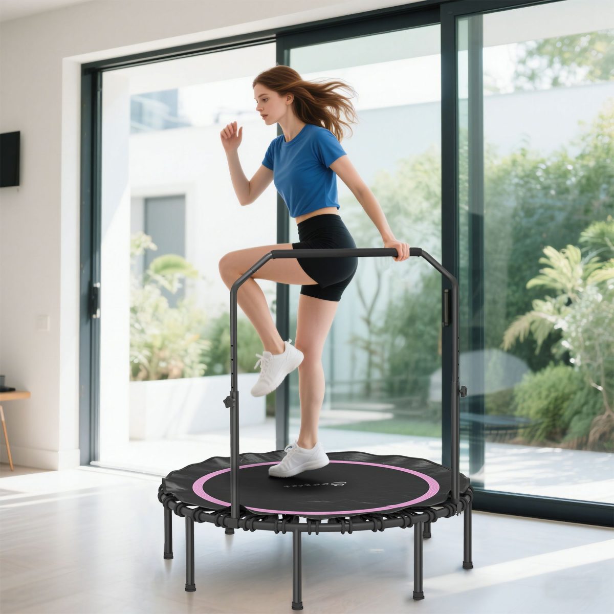 48" Rebounder Trampoline for Adults, Foldable Mini Trampoline with Adjustable Handle Bar for Indoor Outdoor, Pink - Image 10