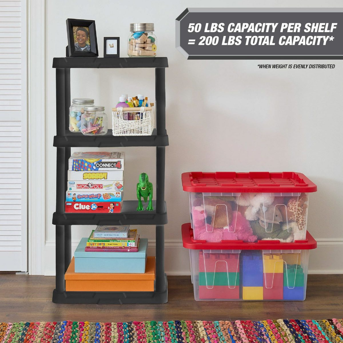 4-Shelf Black Plastic Storage Shelf, 22" W x 14" D x 47" H, Holds up to 200 lb Total Capacity - Image 2
