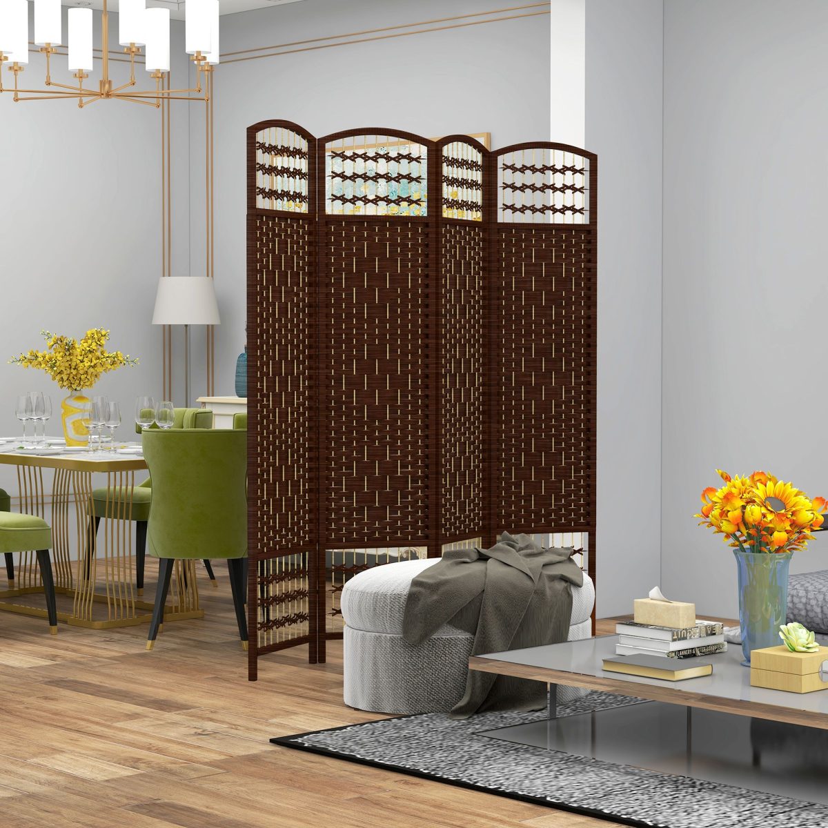 4 Panel Folding Room Divider Portable Privacy Screen Wave Fiber Room Partition for Home Office Brown - Image 2