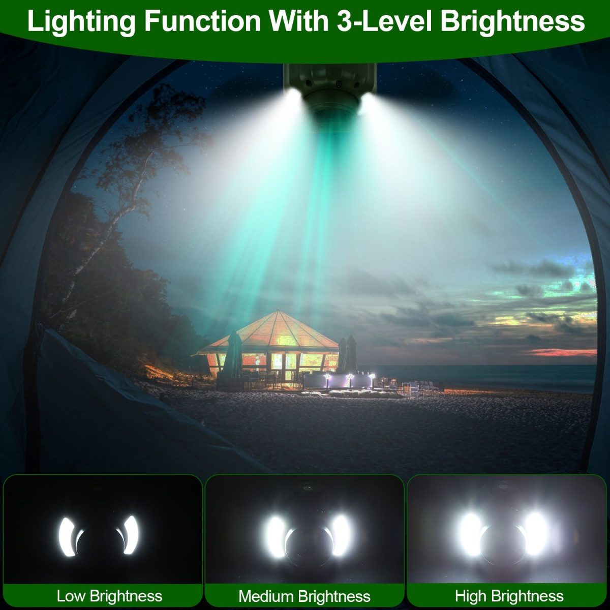 Portable Camping Ceiling LED Fan 5200mAh USB Battery Powered Hanging Tent Lantern Fan Power Bank with 3 Fan Speed 3 Light Brightness Smart Timer Display Remote Control - Image 14