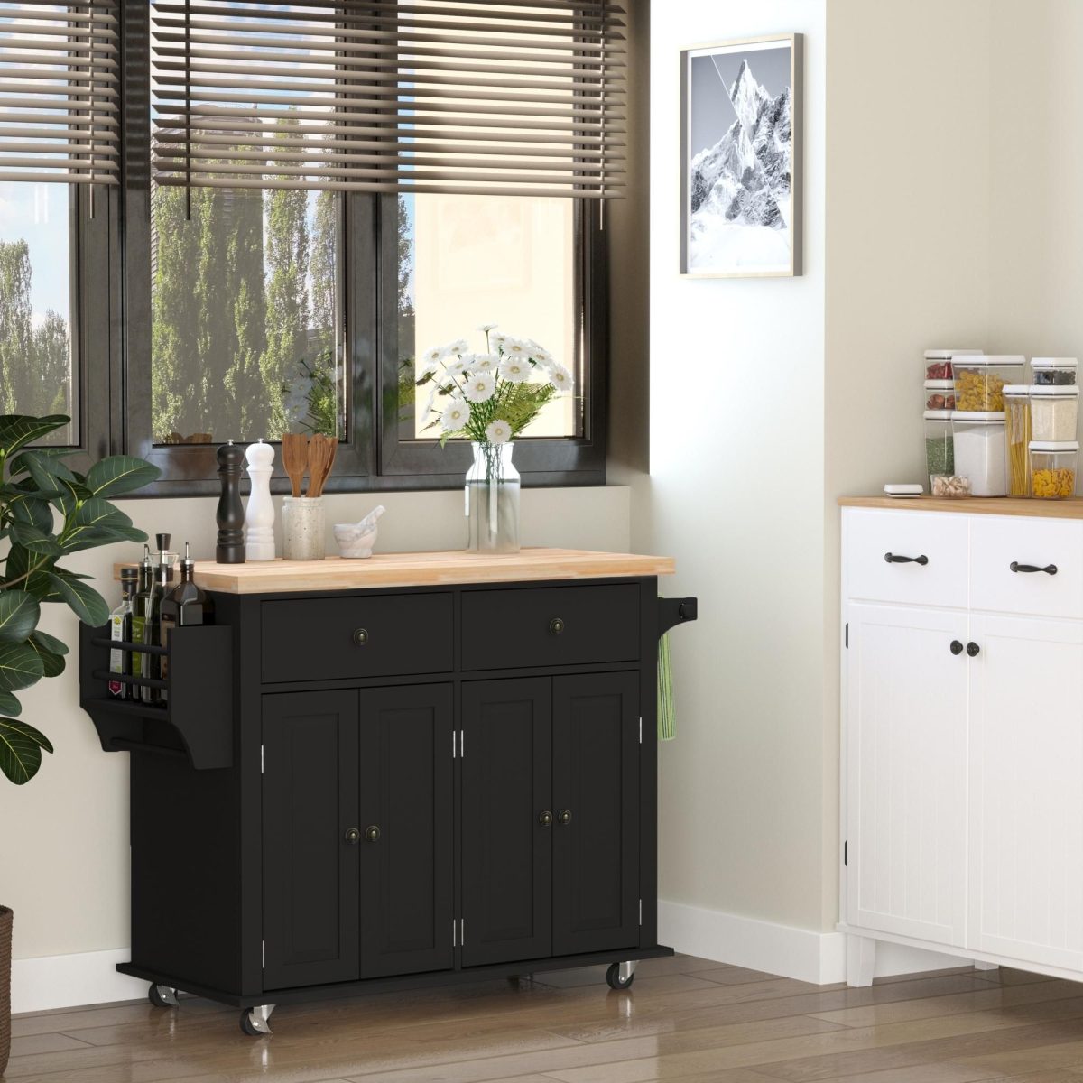 Kitchen Island Cart with Rubber Wood Top, Rolling Kitchen Island Table on Wheels with Drawers, Adjustable Shelves, Spice Rack and Towel Rack for Dining Room, Black - Image 2