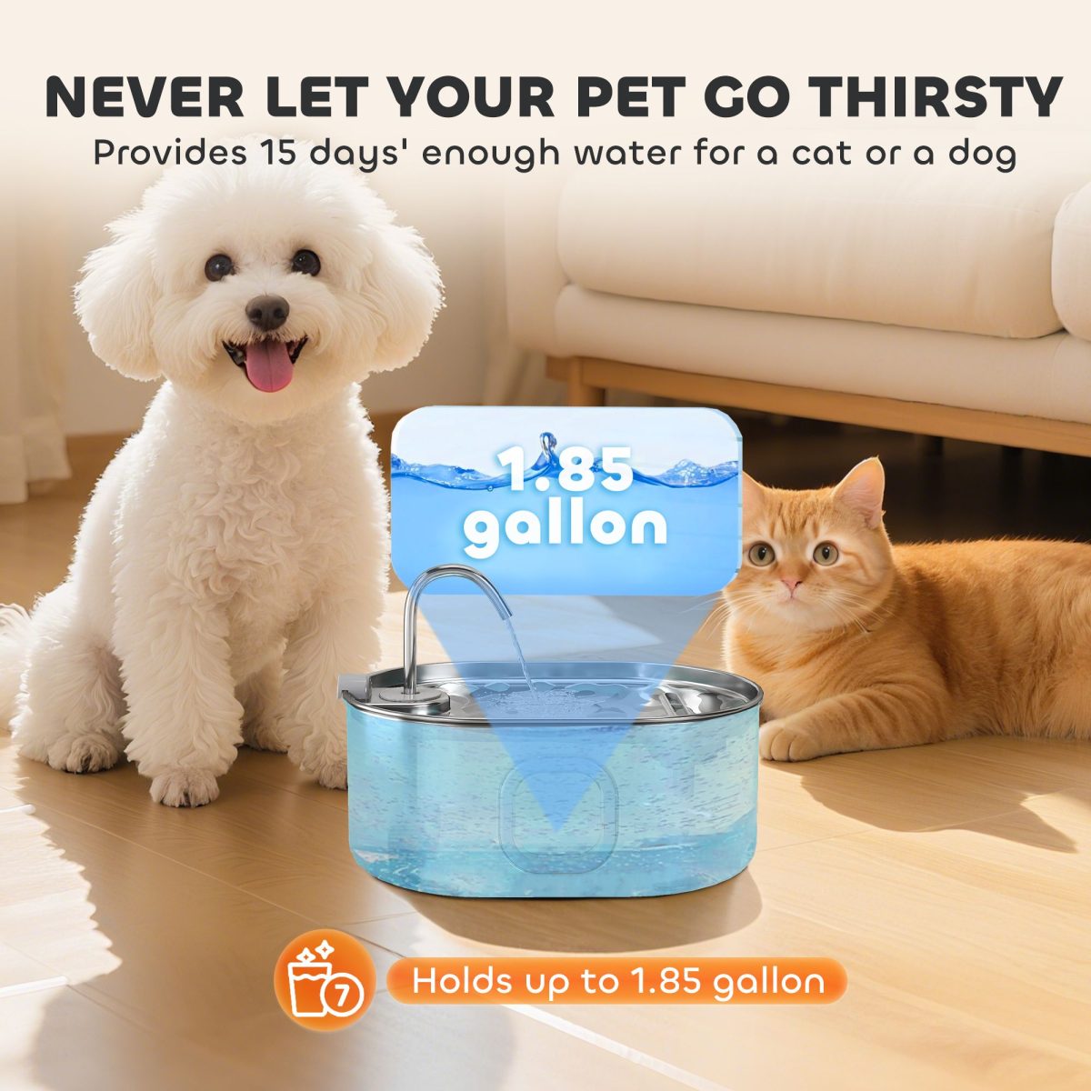 246 oz./7L Stainless Steel Cat Water Fountain with Filters, Ultra-Quiet Pump, for Cats, Dogs & Multi-Pet Homes - Image 6