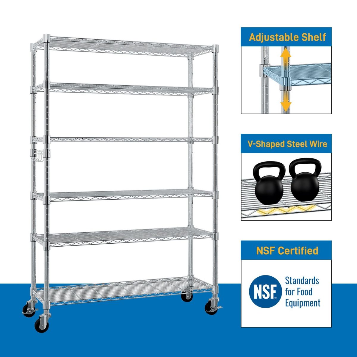 6 Tier Removable and Freely Adjustable NSF Certified Wire Shelving Unit with Wheels Heavy Duty Metal Storage Rack for Kitchen Garage Pantry Commercial Use 48x18x72 Inches Silver - Image 3