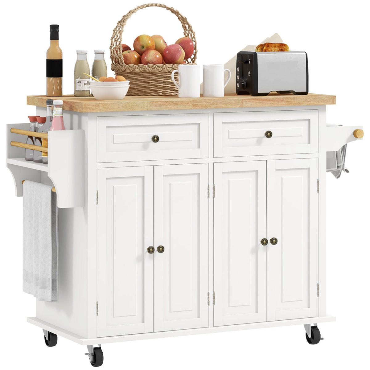 Kitchen Island on Wheels, Rolling Cart with Rubberwood Top, Spice Rack, Towel Rack and Drawers, Cream White - Image 11