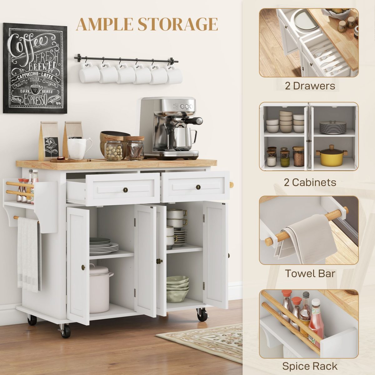 Kitchen Island on Wheels, Rolling Cart with Rubberwood Top, Spice Rack, Towel Rack and Drawers, Cream White - Image 6