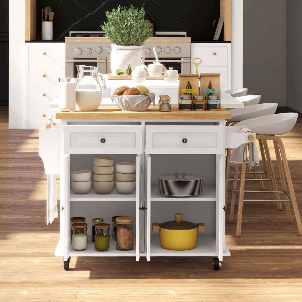 Kitchen Island on Wheels, Rolling Cart with Rubberwood Top, Spice Rack, Towel Rack and Drawers, Cream White - Image 8