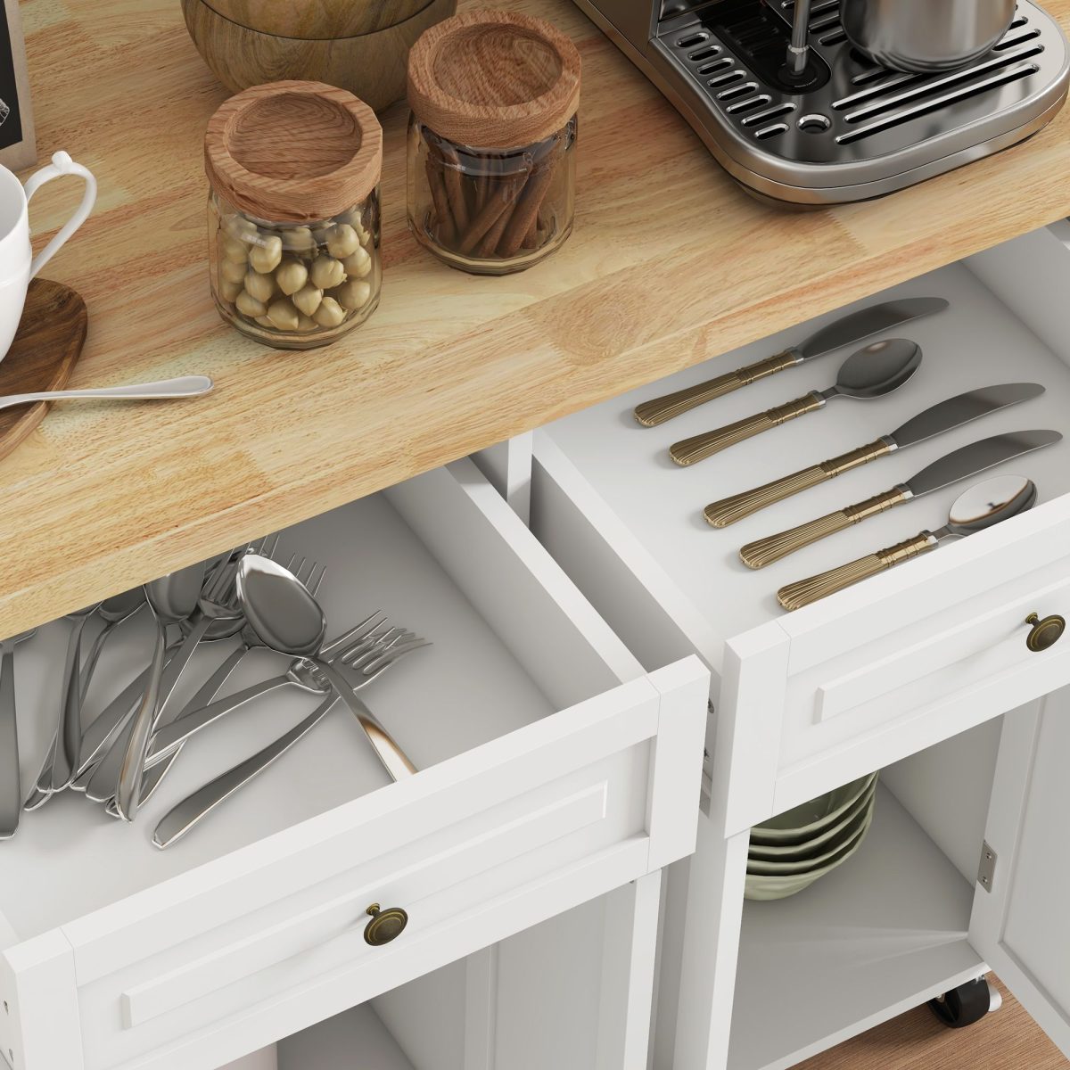 Kitchen Island on Wheels, Rolling Cart with Rubberwood Top, Spice Rack, Towel Rack and Drawers, Cream White - Image 9