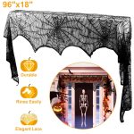 Halloween Fireplace Mantle Scarf - 96x18 Inch Black Lace Scarf with Spider Web, Bat & Spider Design, Lightweight Durable - Ideal for Haunted House, Party, Window, Dining Table Decor