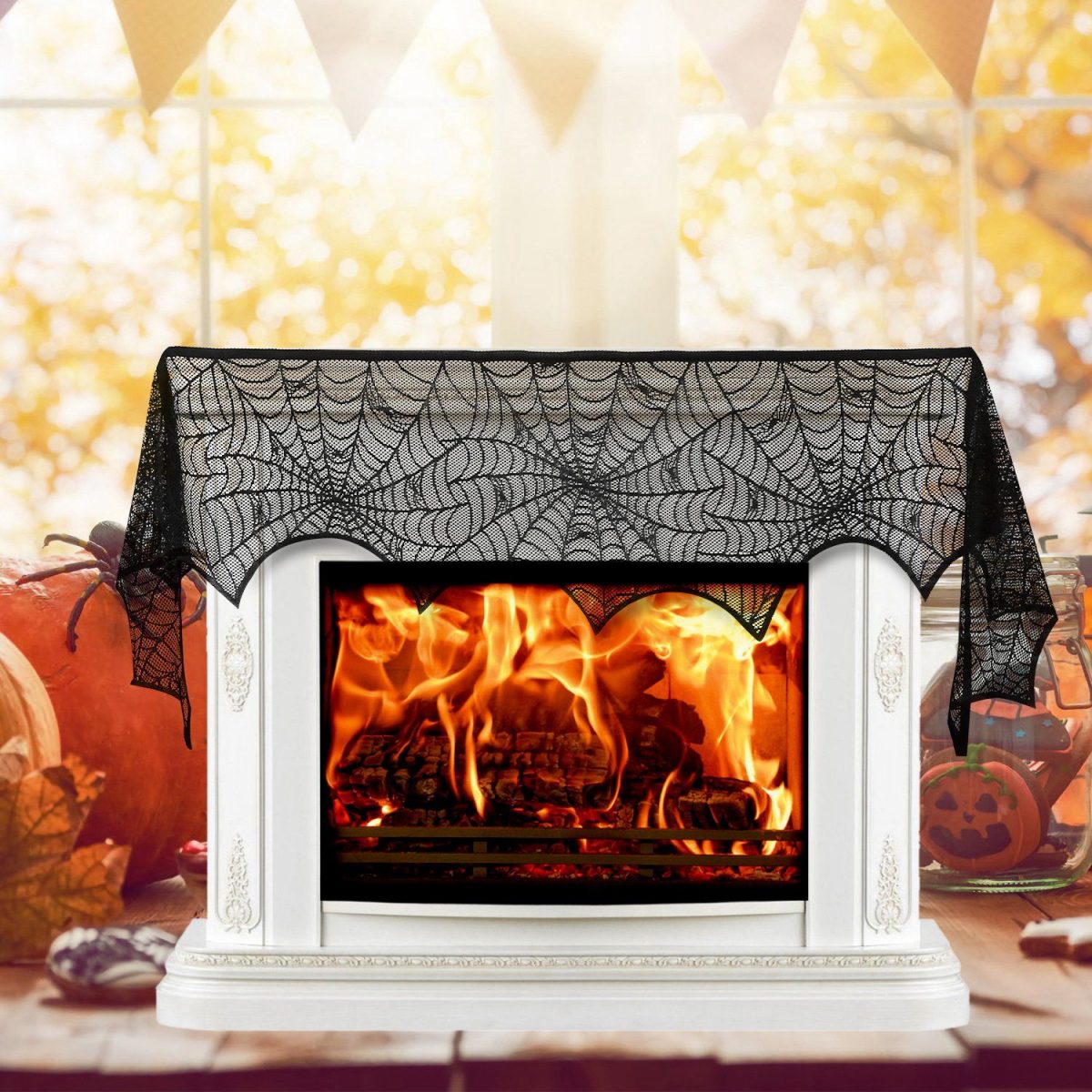 Halloween Fireplace Mantle Scarf - 96x18 Inch Black Lace Scarf with Spider Web, Bat & Spider Design, Lightweight Durable - Ideal for Haunted House, Party, Window, Dining Table Decor - Image 3
