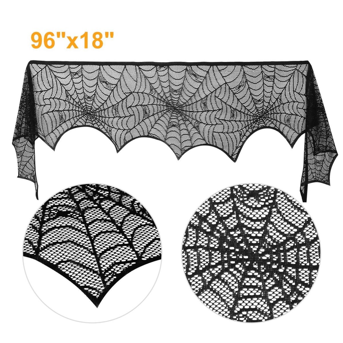 Halloween Fireplace Mantle Scarf - 96x18 Inch Black Lace Scarf with Spider Web, Bat & Spider Design, Lightweight Durable - Ideal for Haunted House, Party, Window, Dining Table Decor - Image 4