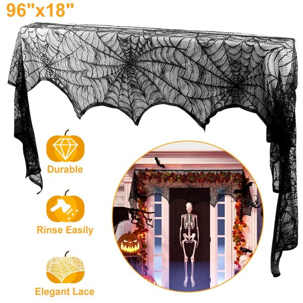 Halloween Fireplace Mantle Scarf - 96x18 Inch Black Lace Scarf with Spider Web, Bat & Spider Design, Lightweight Durable - Ideal for Haunted House, Party, Window, Dining Table Decor