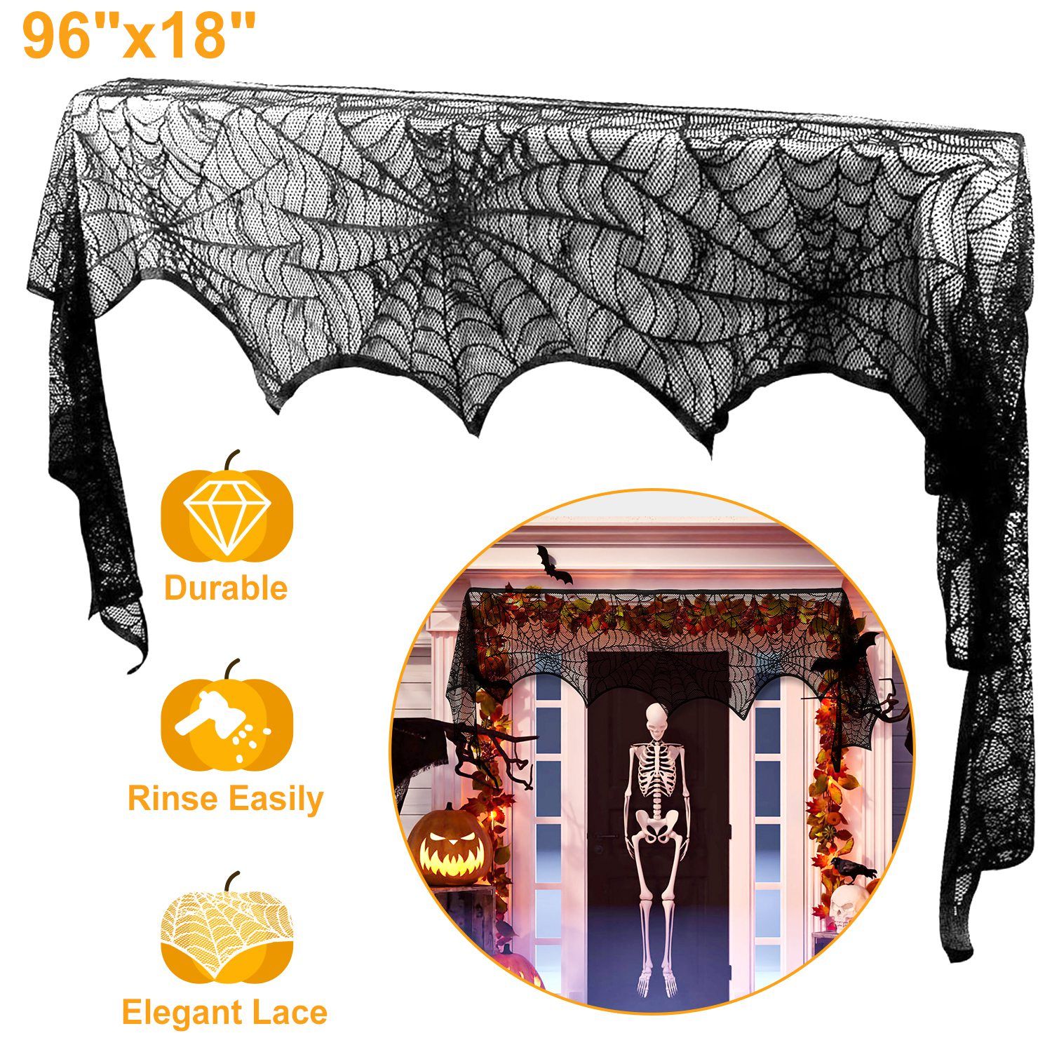 d0102x3w7aw.jpg Halloween Fireplace Mantle Scarf - 96x18 Inch Black Lace Scarf with Spider Web, Bat & Spider Design, Lightweight Durable - Ideal for Haunted House, Party, Window, Dining Table Decor - Image 1