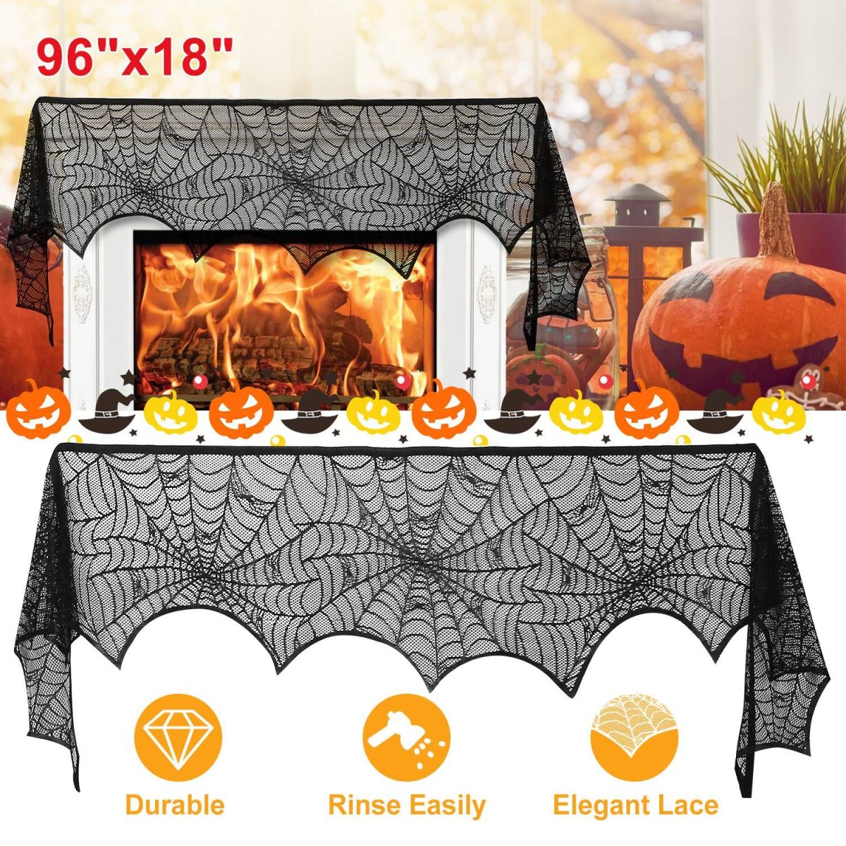 Halloween Fireplace Mantle Scarf - 96x18 Inch Black Lace Scarf with Spider Web, Bat & Spider Design, Lightweight Durable - Ideal for Haunted House, Party, Window, Dining Table Decor - Image 9