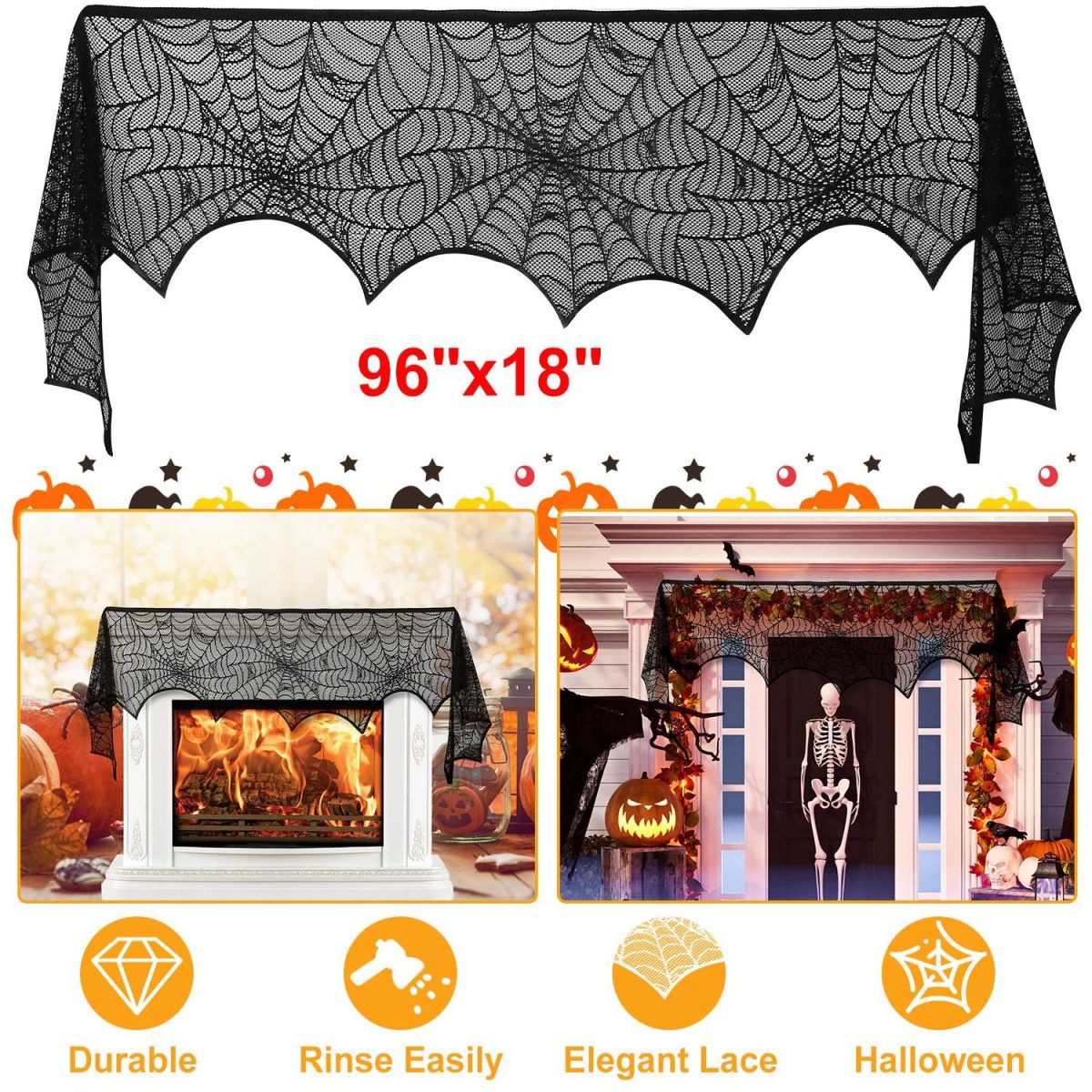 Halloween Fireplace Mantle Scarf - 96x18 Inch Black Lace Scarf with Spider Web, Bat & Spider Design, Lightweight Durable - Ideal for Haunted House, Party, Window, Dining Table Decor - Image 15